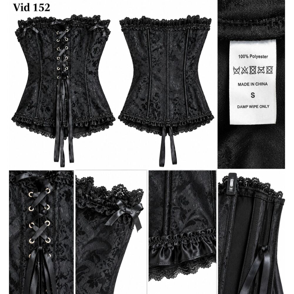 Black Floral Brocade Corset Top Small Gothic Lace Up Ruffle Burlesque Bustier